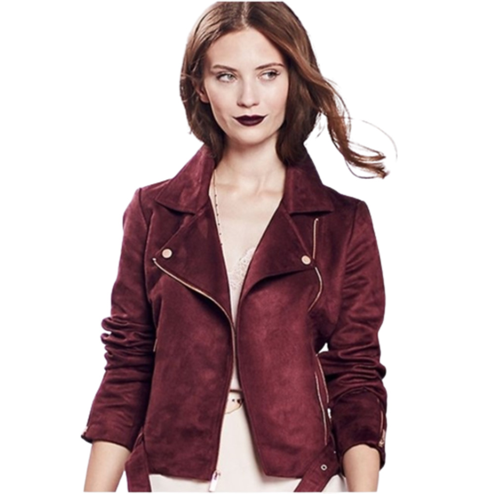 LC Lauren Conrad Runway Maroon Faux Suede Motorcycle Jacket 2